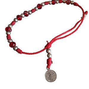 Vintage Catholic Bracelet Handmade Red Cord Saint Benedict Medal & Beads